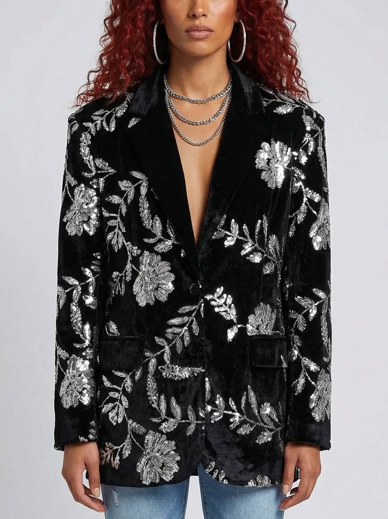 Oversized Black Velvet Sequin-Embroidered Jacket - Jackets