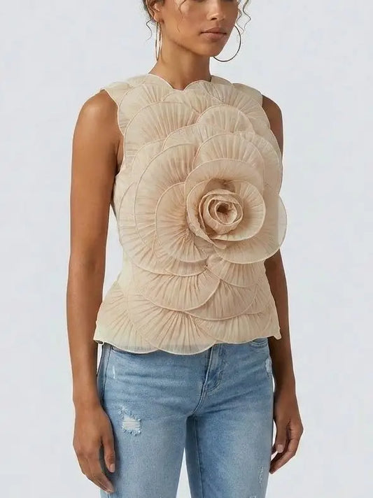 Oversized Floral Appliqué Sleeveless Top - Tops