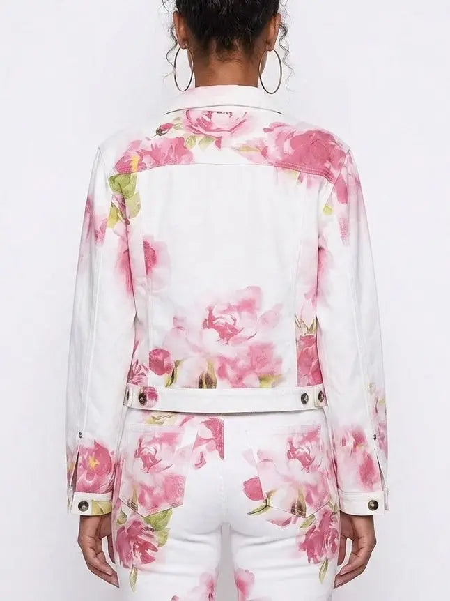 Painted Rose Print Denim Jacket - Jackets
