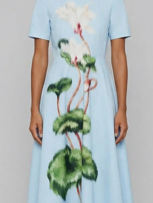 Painterly Botanical Panel Midi Dress in Light Blue - Dresses