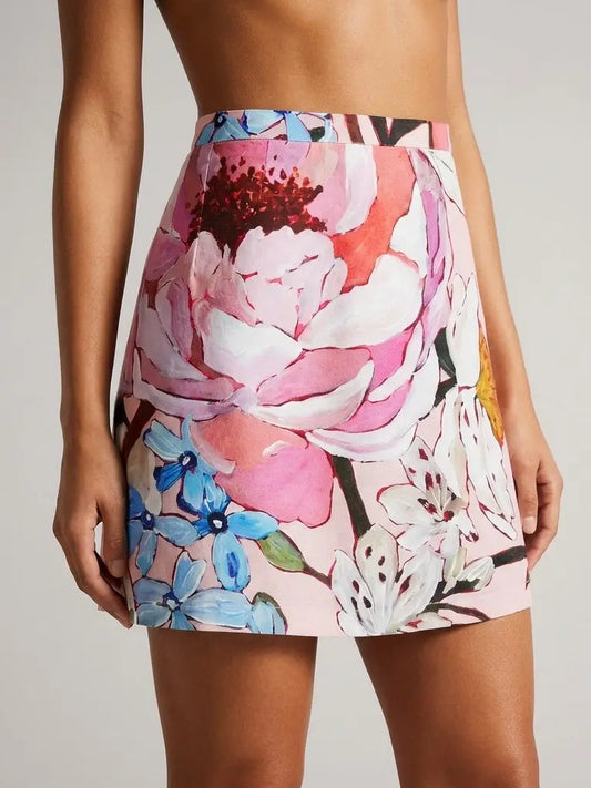 Painterly Peony Print Mini Skirt - Skirts