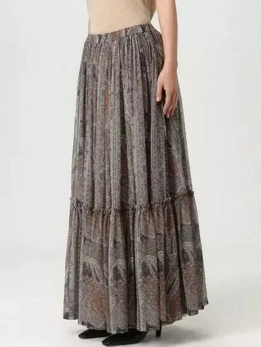 Paisley Print Pleated Long Silk Skirt - Skirts