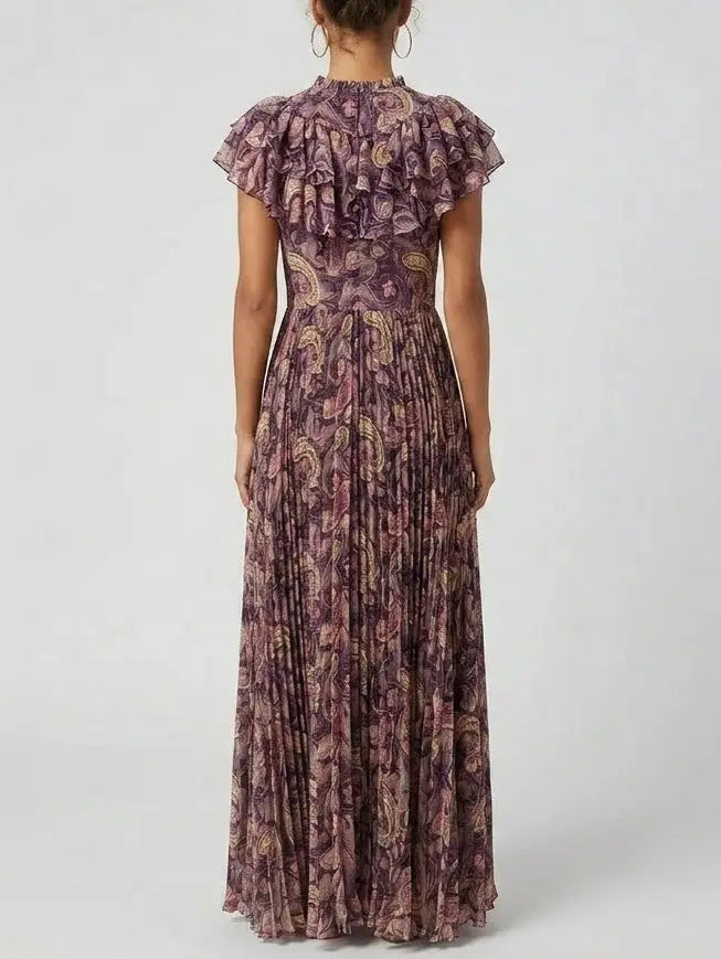 Paisley Ruffle Pleated Maxi Dress - Dresses