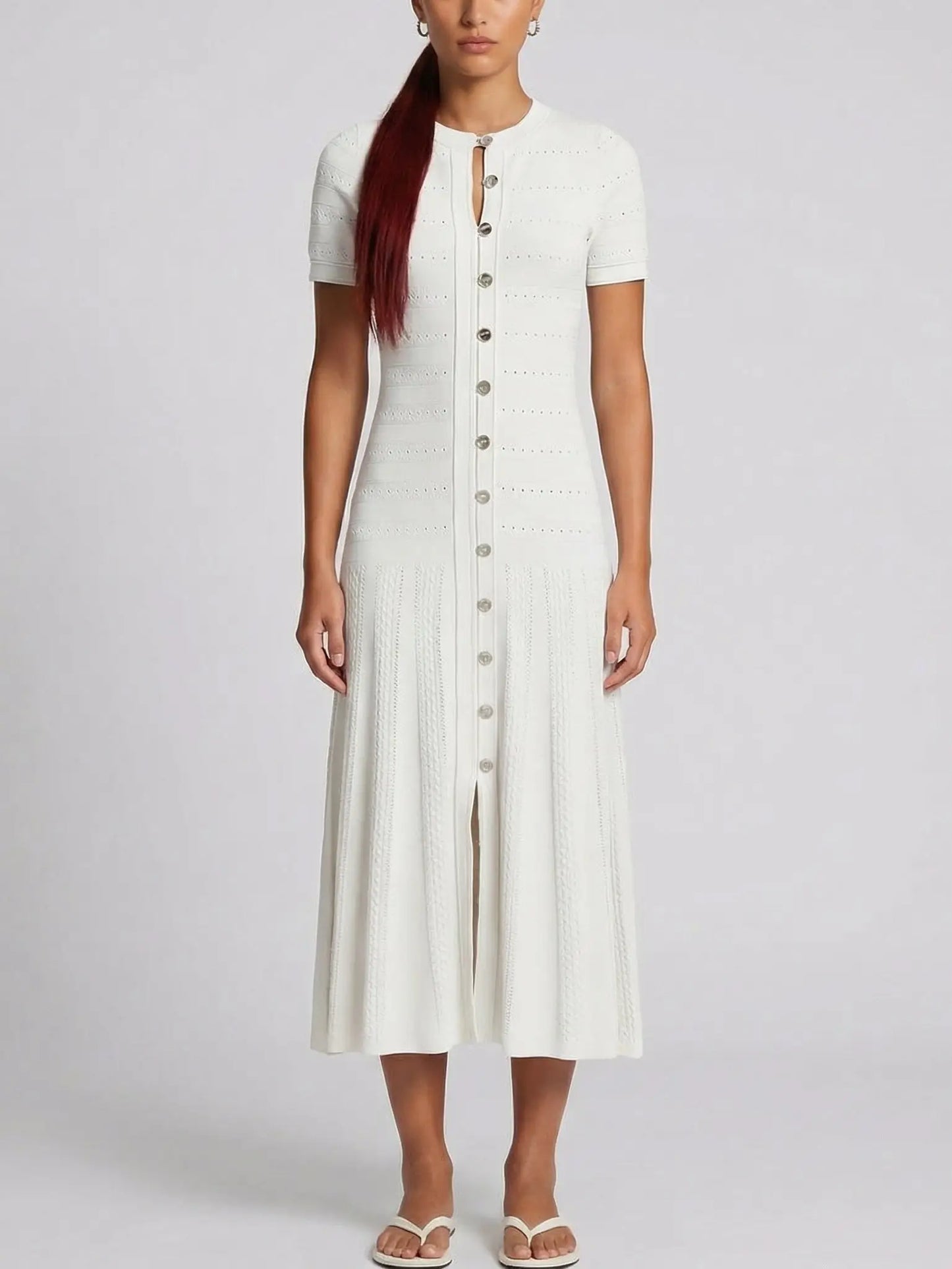 Paneled Jacquard Knit Fit-and-Flare Midi Dress - Small / White - Dresses