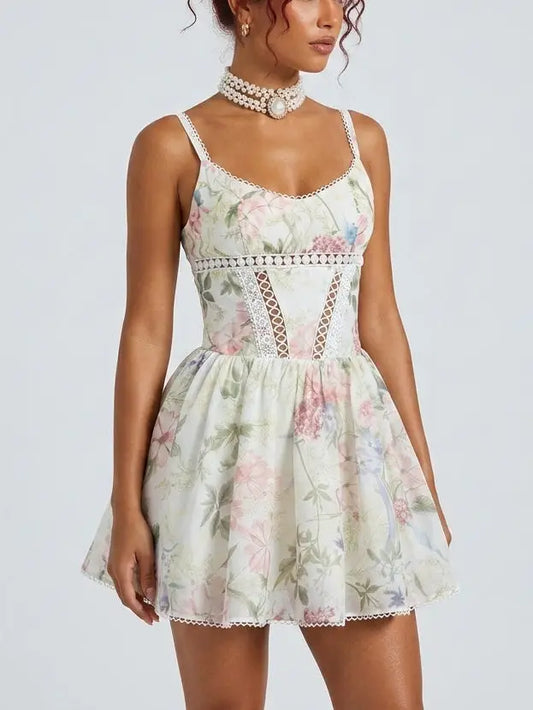 Pastel Floral Bustier Flared Mini Dress - Dresses