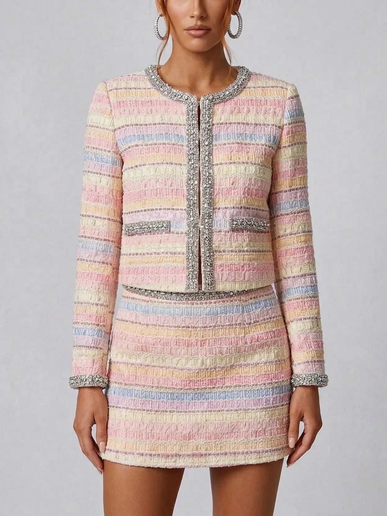 Pastel Tweed Cropped Jacket and Mini Skirt Set - Suits & Sets