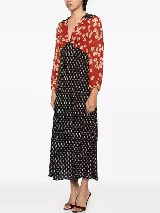 Patchwork Floral Print Long-Sleeve Dress - Dresses