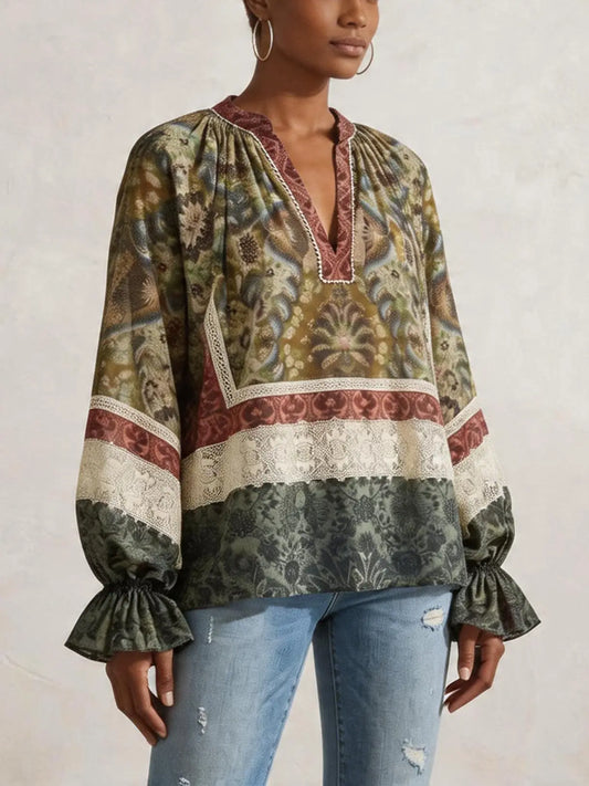 Patchwork Paisley Lace Peasant Blouse - Tops