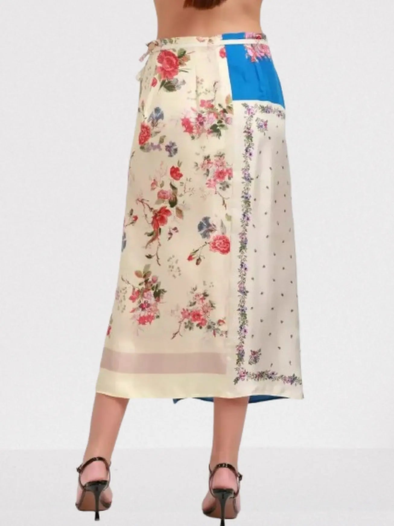 Patchwork Print Silk Wrap Midi Skirt - Skirts