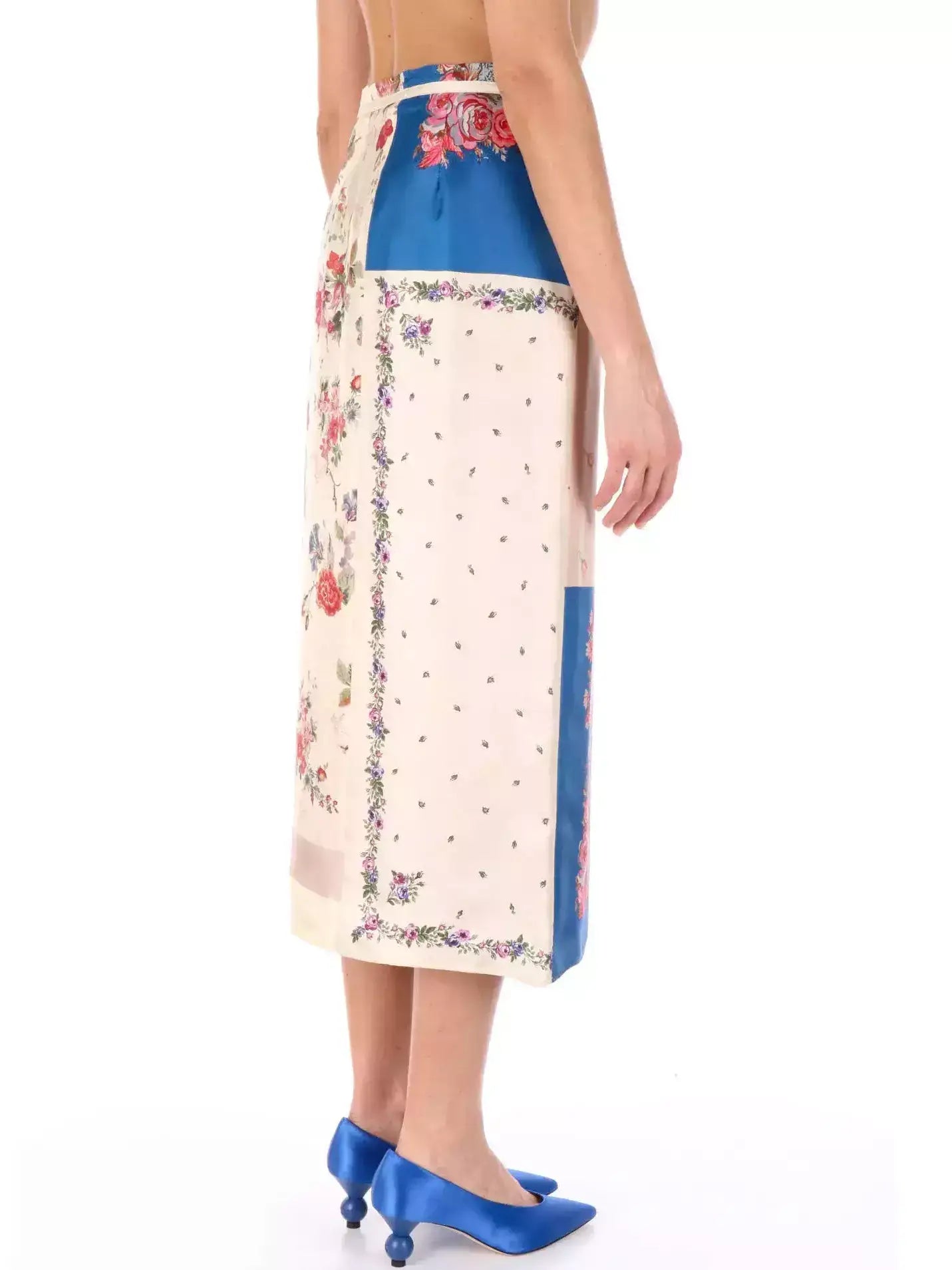 Patchwork Print Silk Wrap Midi Skirt - Skirts