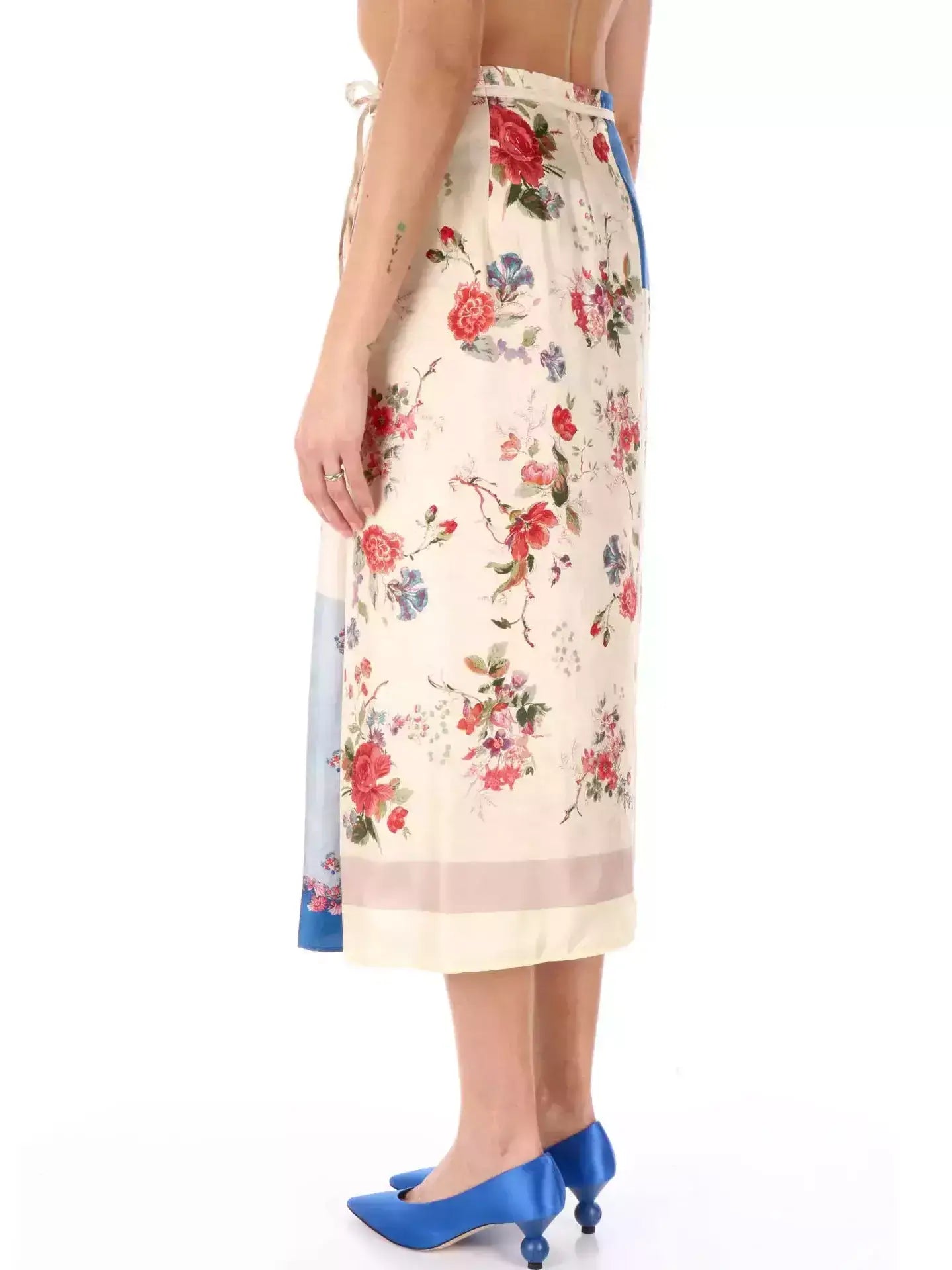 Patchwork Print Silk Wrap Midi Skirt - Skirts