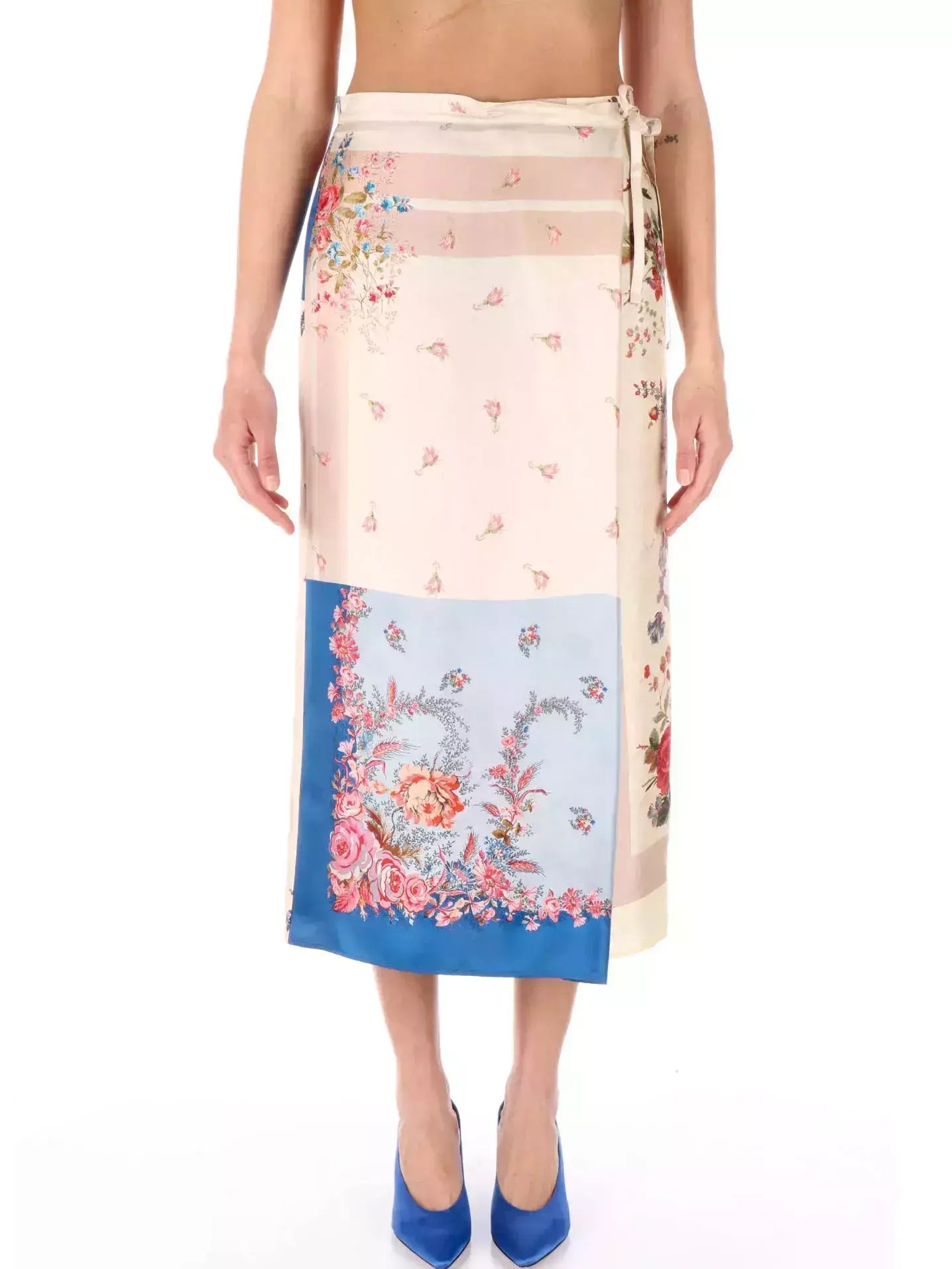 Patchwork Print Silk Wrap Midi Skirt - Skirts