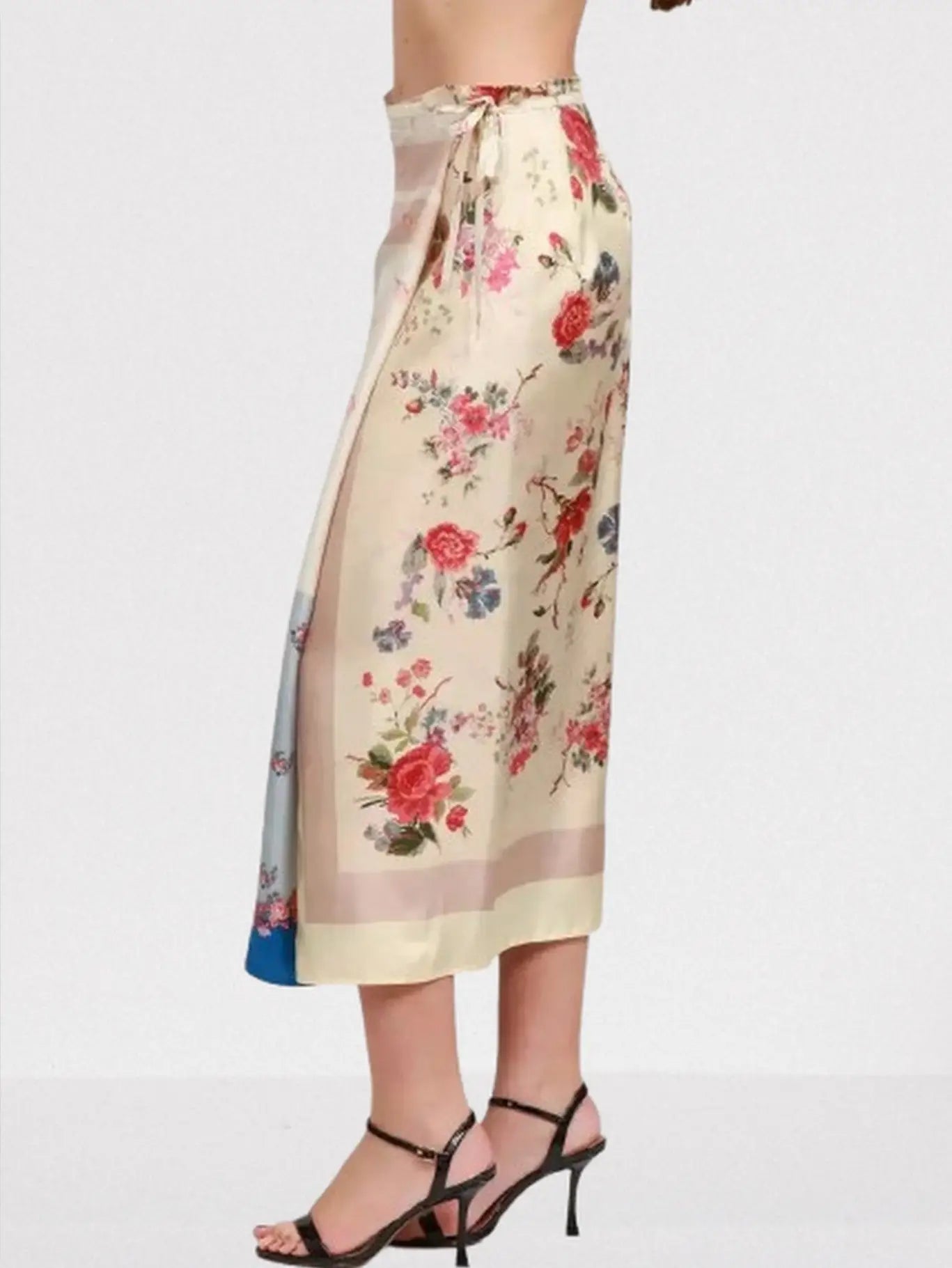 Patchwork Print Silk Wrap Midi Skirt - Skirts