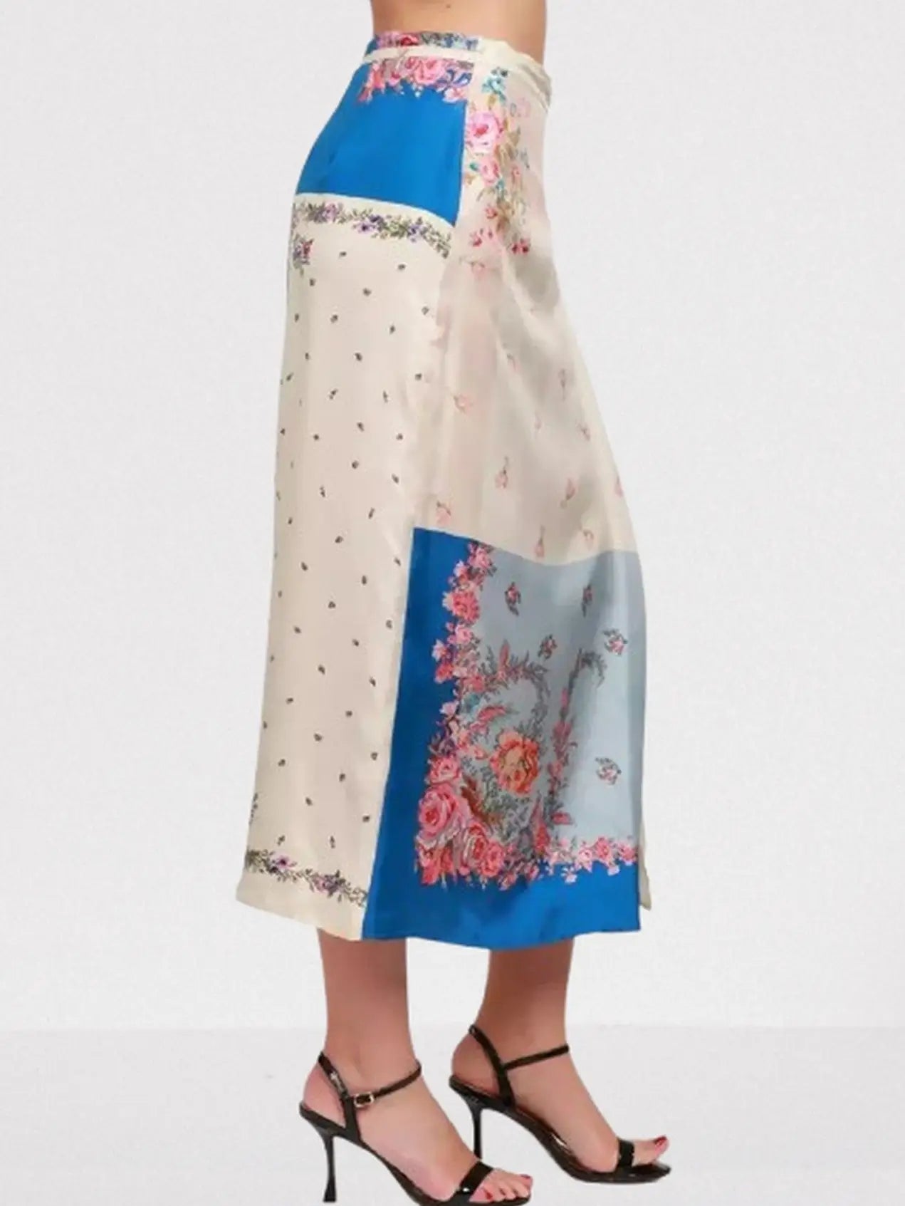Patchwork Print Silk Wrap Midi Skirt - Skirts