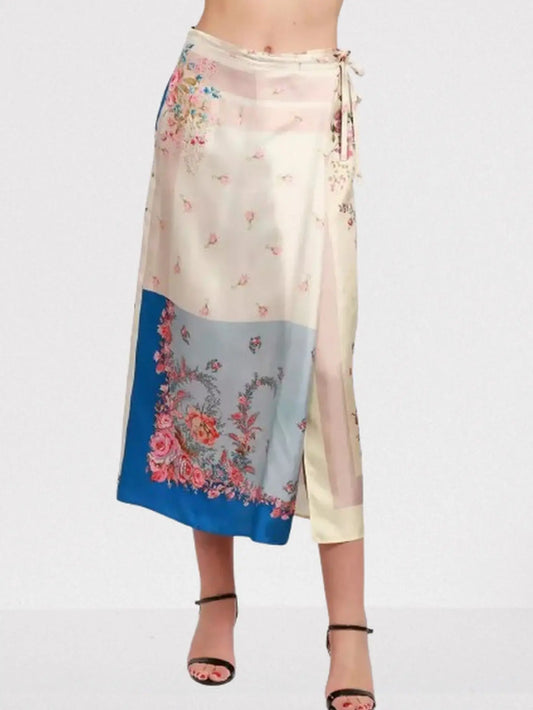 Patchwork Print Silk Wrap Midi Skirt - Skirts