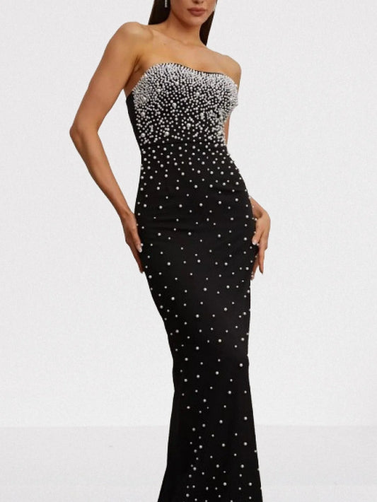 Pearl-Embellished Black Strapless Maxi Dress - Dresses