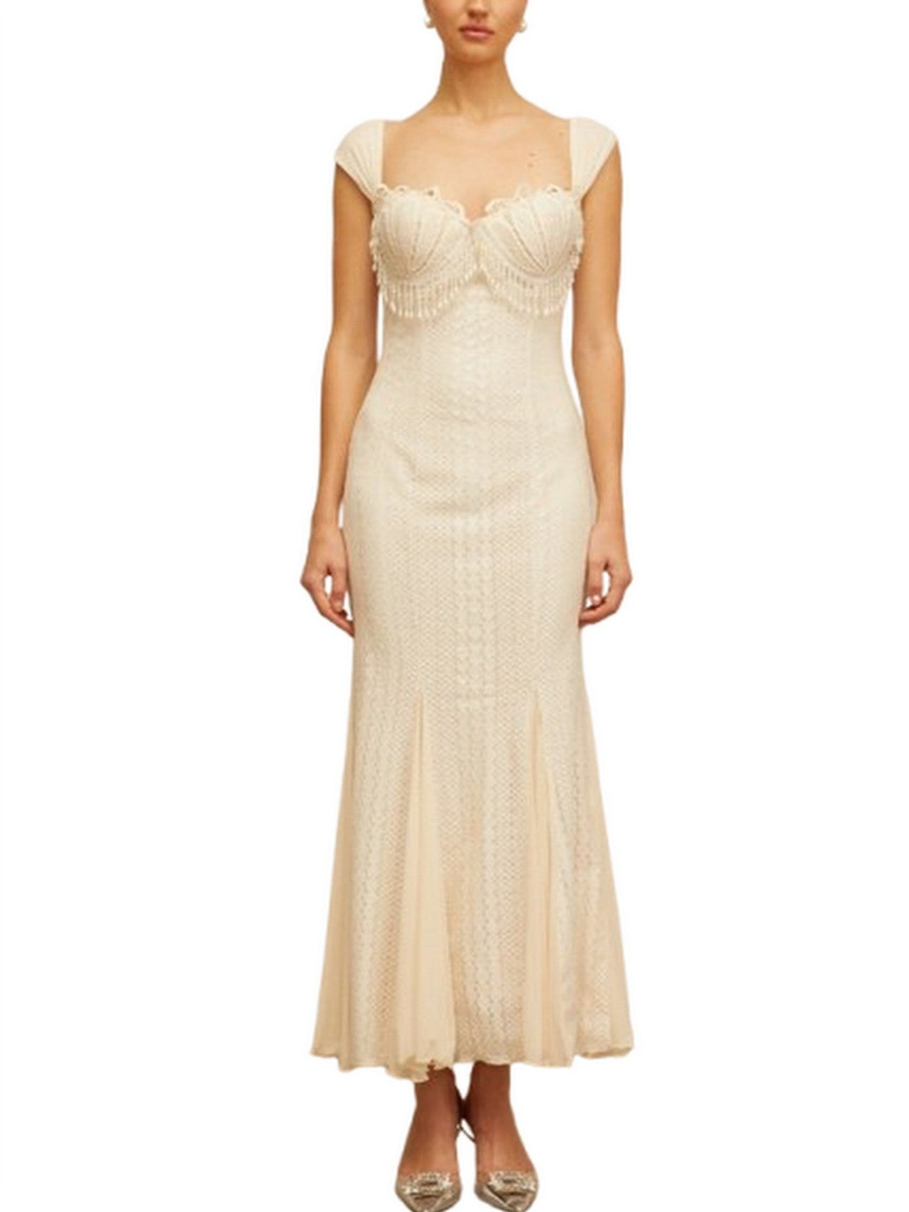 Pearl-Fringed Flared-Hem Maxi Dress - XS - Dresses
