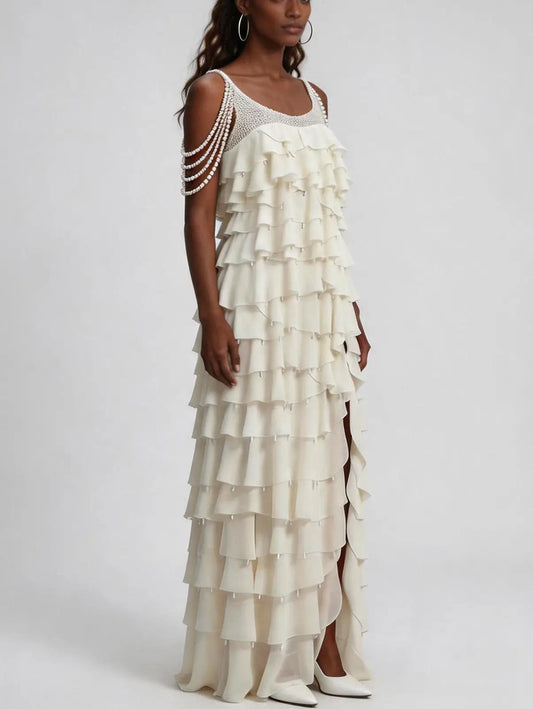 Pearl-Trim Tiered Ruffle White Gown - Dresses
