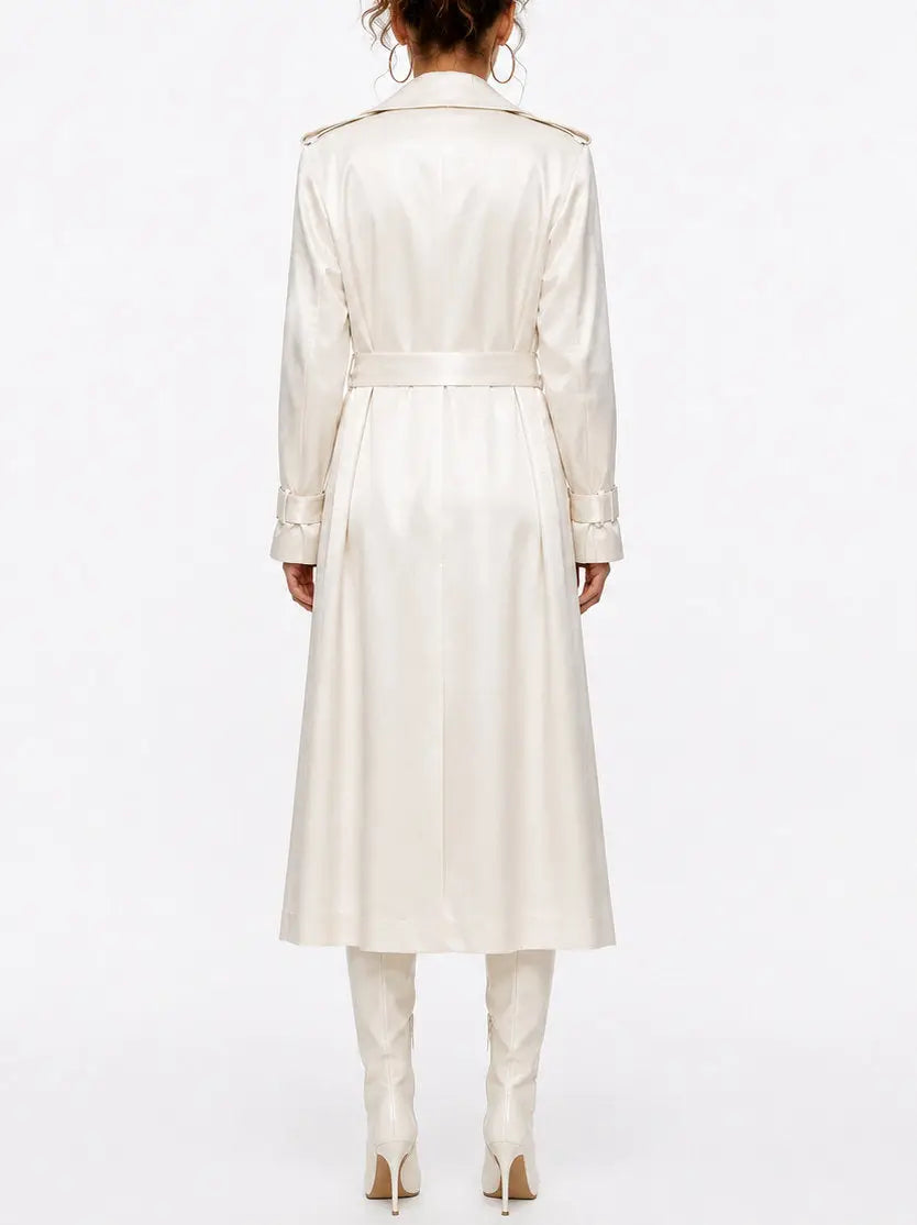 Pearl Satin Double Breasted Tie Waist Trench Coat - Coats