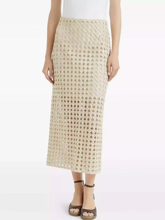 Perforated Wool Midi Skirt with Sequin Details - Skirts