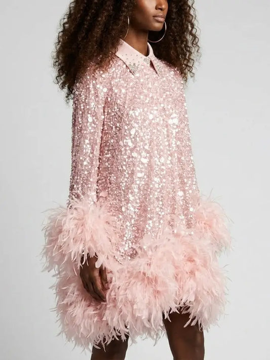 Pink Embellished Mini Dress with Feathers - Dresses