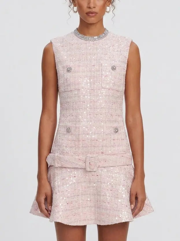 Pink Embellished Tweed Mini Dress - Dresses