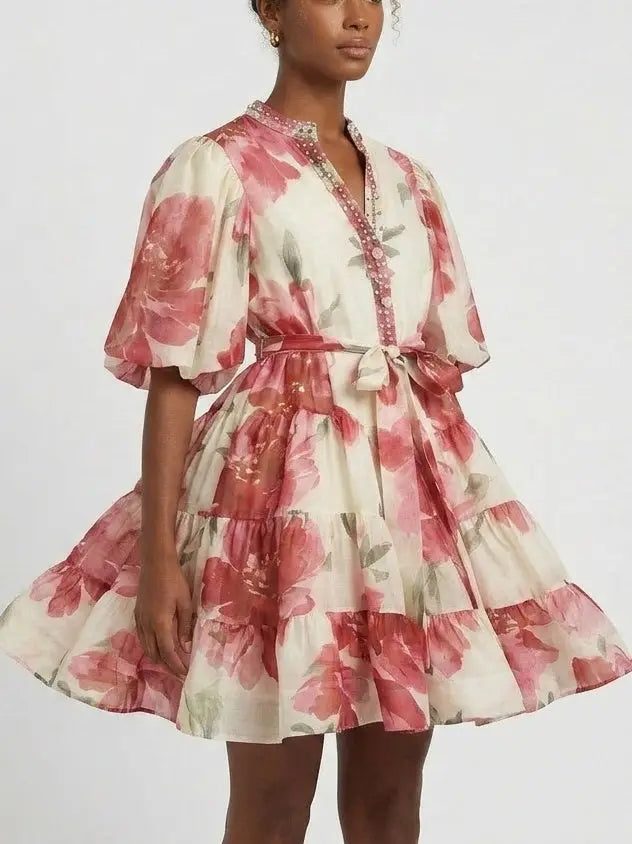 Pink Floral Tiered Mini Dress - Dresses