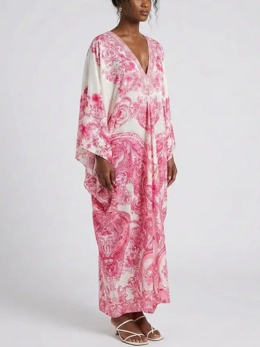 Tie-Waist Print V-Neck Silk Kaftan Dress in Pink Shades - One size - Dresses