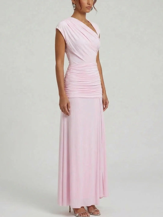 Pink Ruched Draped Jersey Maxi Dress - Dresses