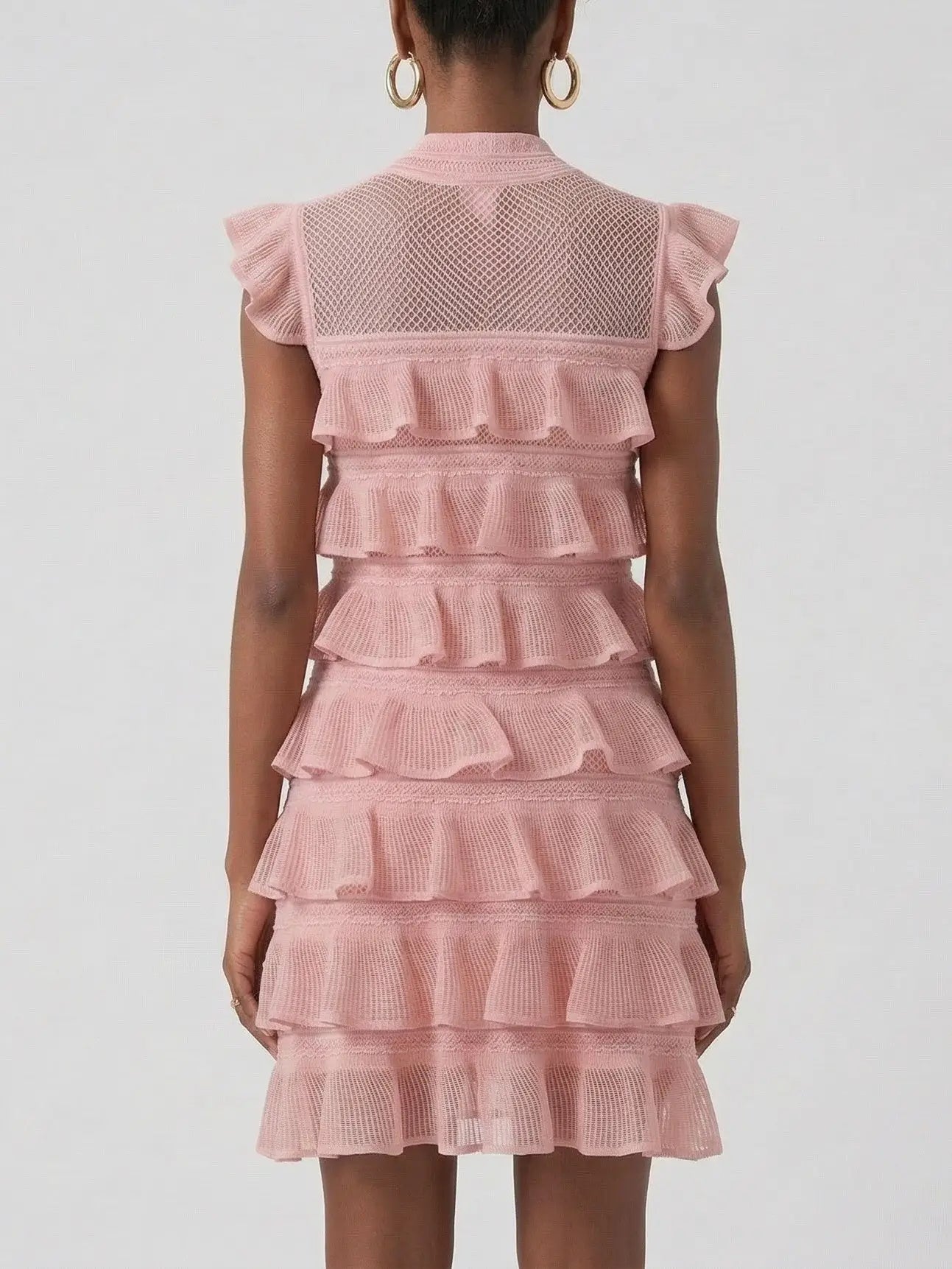 Pink Ruffled Mesh Knit Mini Dress - Dresses