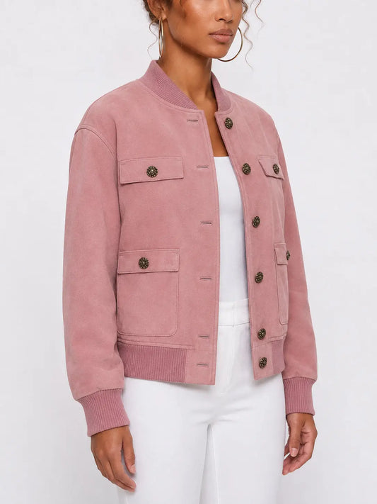 Pink Suede Bomber Jacket with Ornate Metal Buttons - Jackets