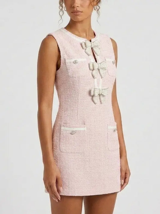 Pink Tweed Bow Detail Mini Dress - Dresses