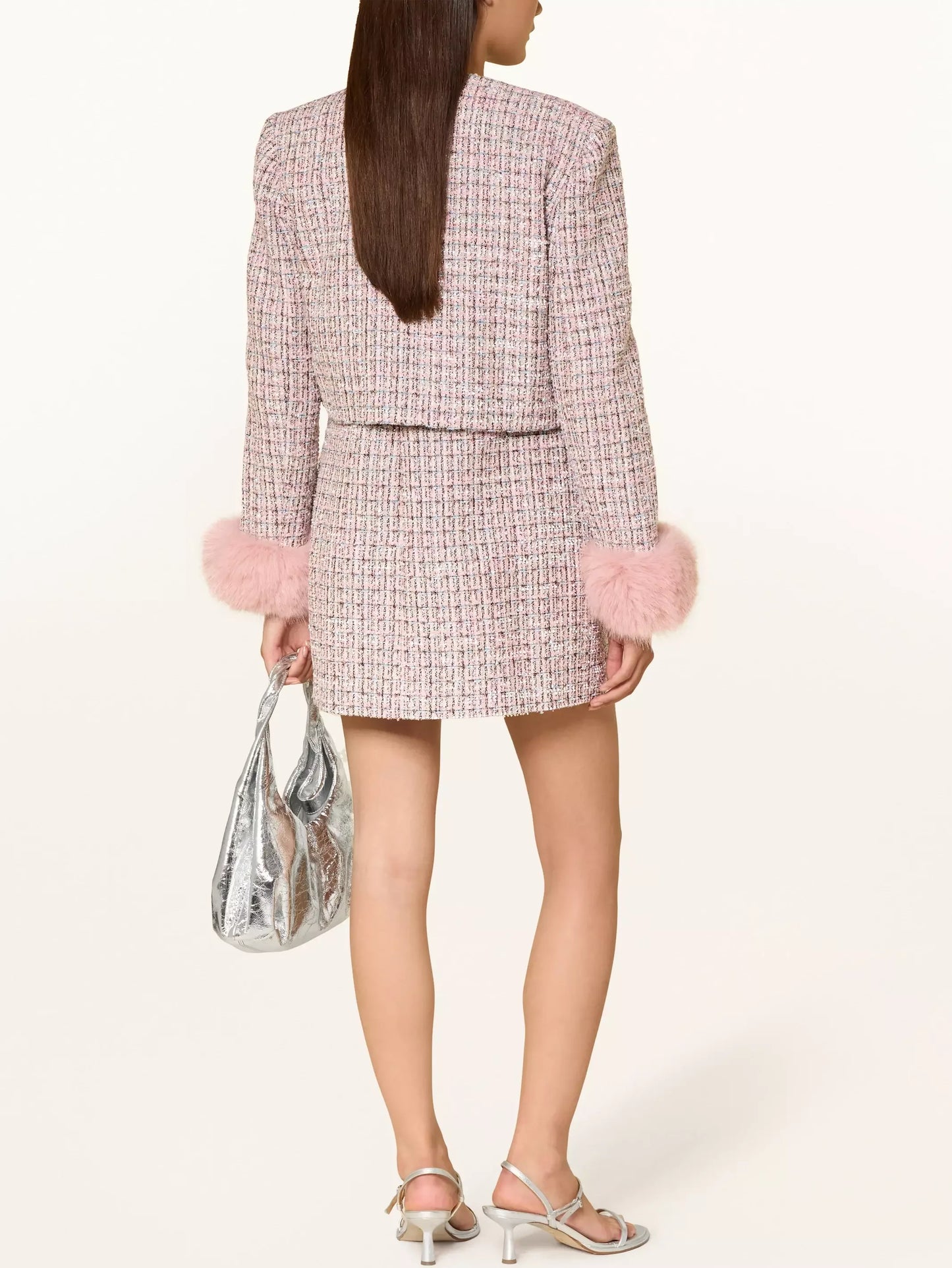 Pink Tweed Fur-Cuff Jacket and Skirt Set - Suits & Sets