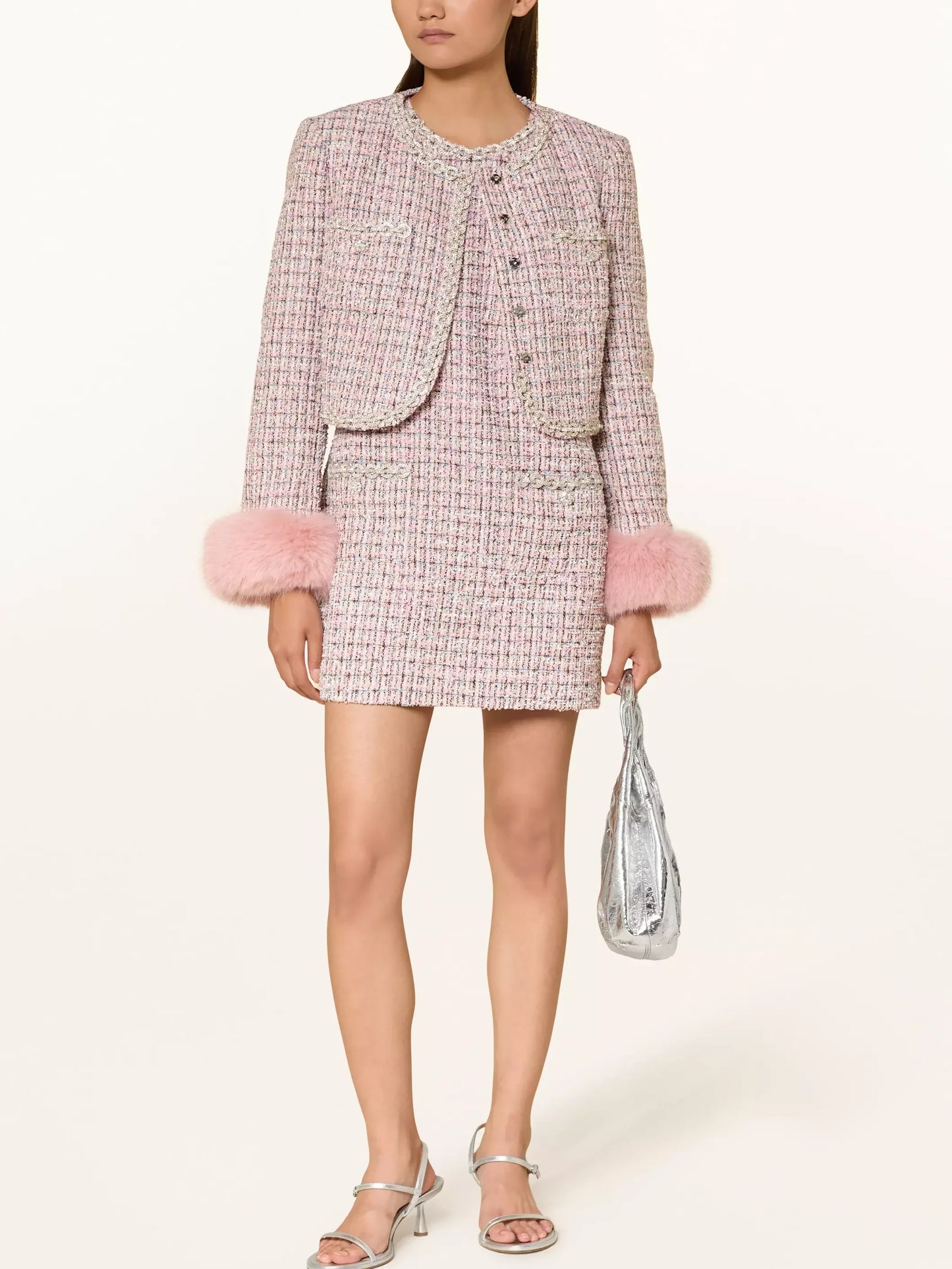 Pink Tweed Fur-Cuff Jacket and Skirt Set - Suits & Sets