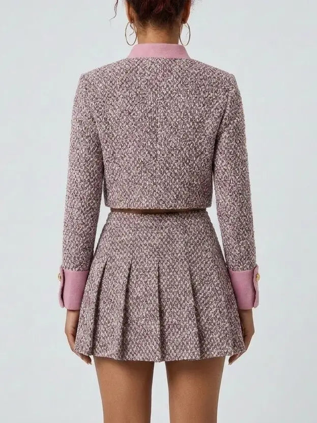 Pink Tweed Jacket and Pleated Mini Skirt Set - Suits & Sets