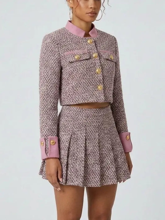 Pink Tweed Jacket and Pleated Mini Skirt Set - Suits & Sets