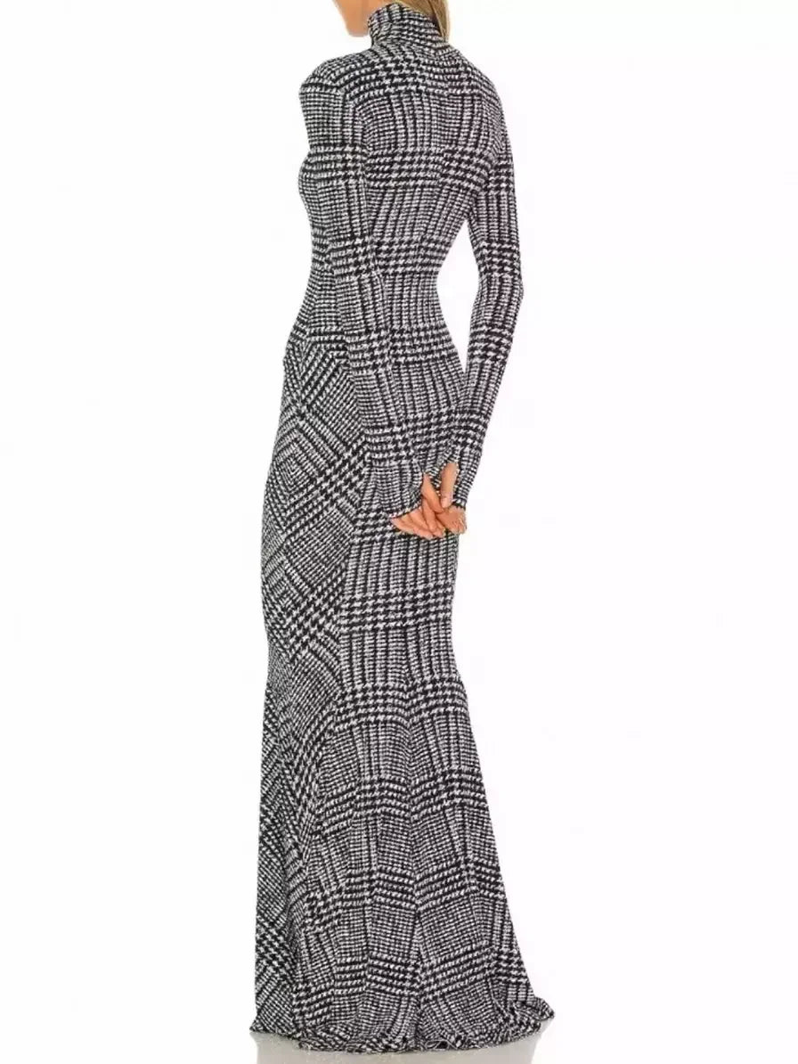 Plaid Long-Sleeve High-Neck Sheath Gown - Dresses