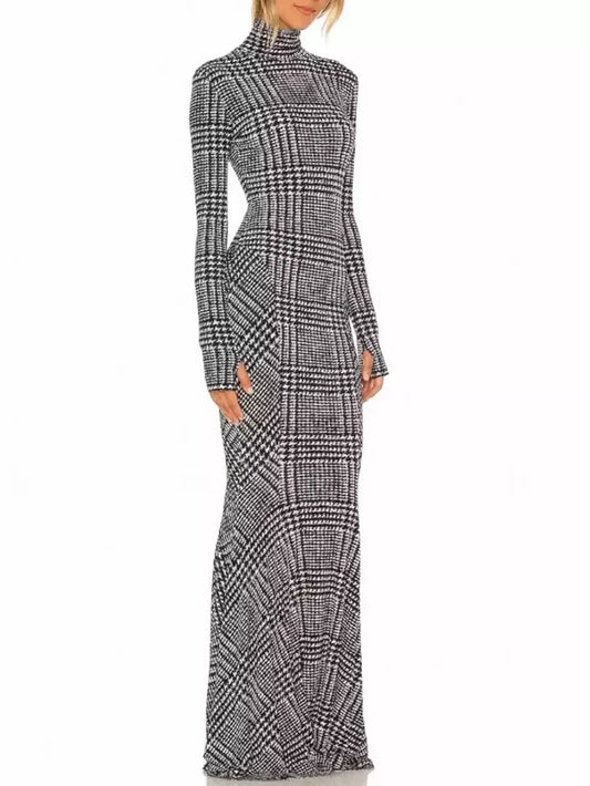 Plaid Long-Sleeve High-Neck Sheath Gown - Dresses
