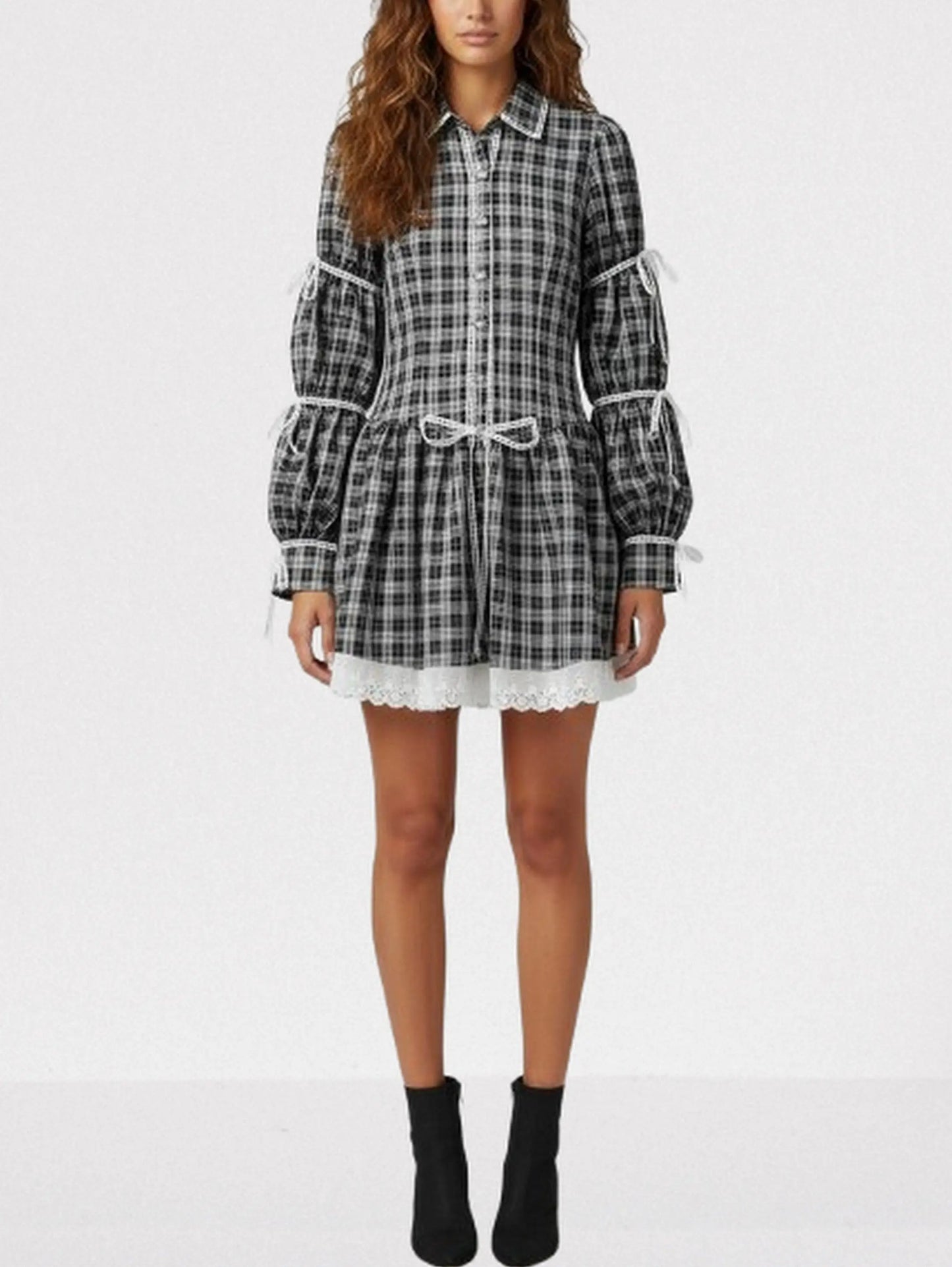 Plaid Mini Dress with Lace Trim and Tie-Sleeve Detail - Dresses