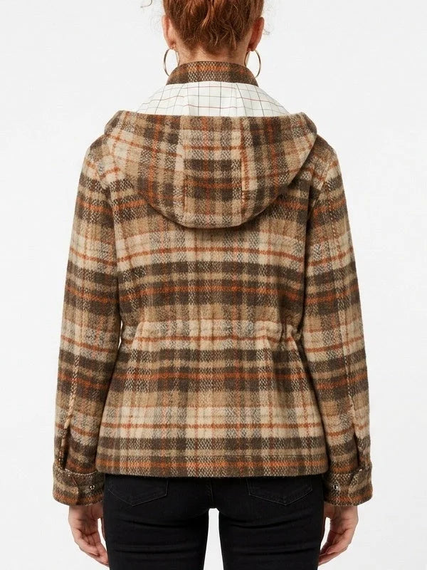 Plaid Wool Hooded Parka Jacket with Four Flap Pockets - Jackets