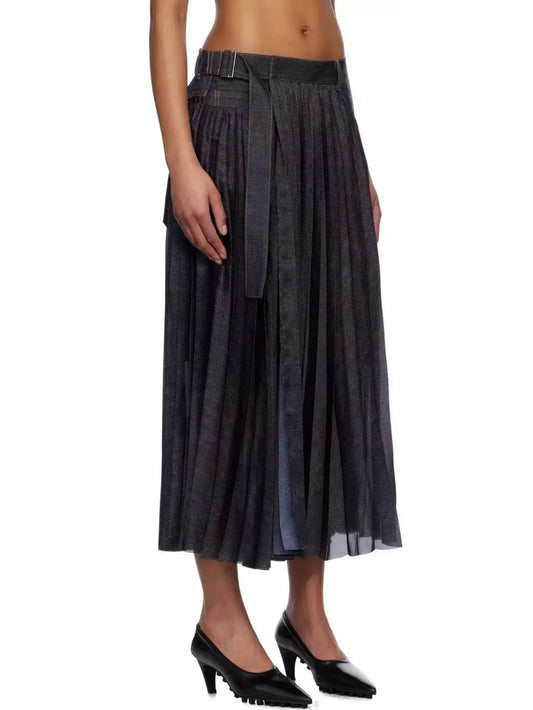 Pleated Denim Mix Belted Midi Skirt - Skirts