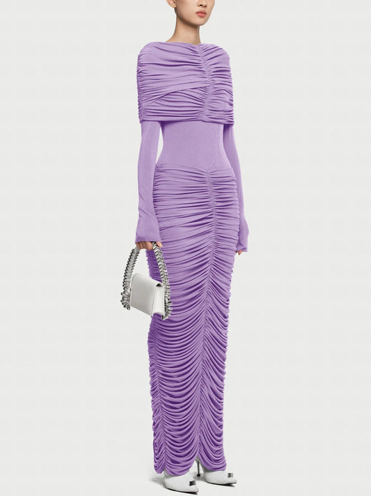 Pleated Ruched Drape Shoulder Jersey Gown Dresses