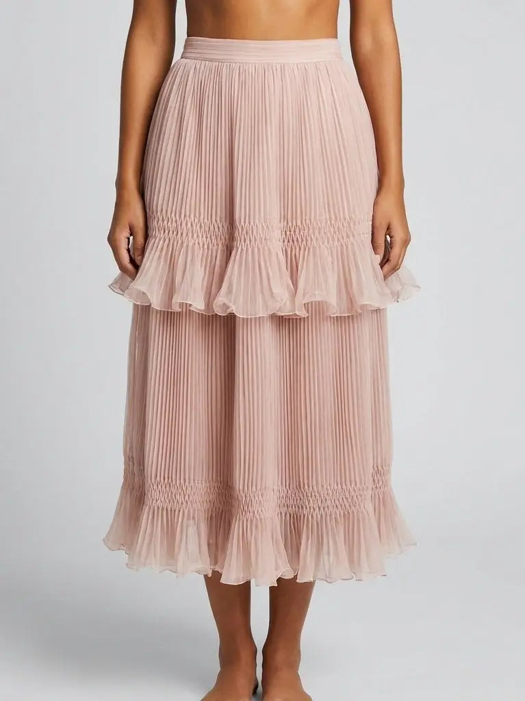 Pleated Ruffle Trim Midi Skirt in Blush Pink - Skirts