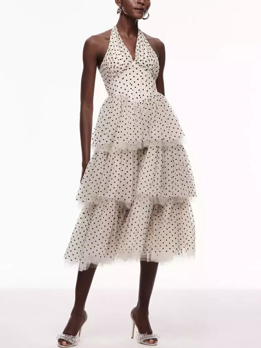 Polka Dot Halterneck Tiered Midi Dress Dresses