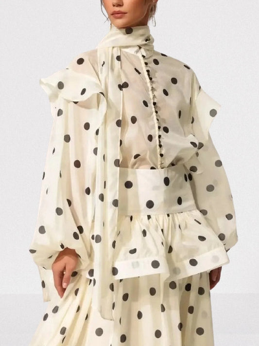 Polka Dot Print Blouse and Skirt Set - Suits & Sets