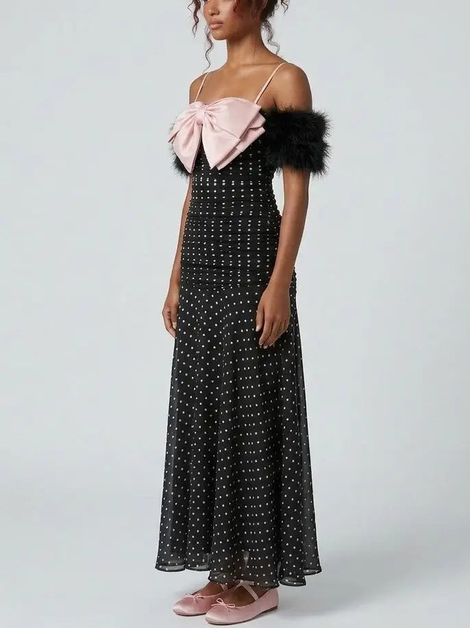 Polka Dot Ruched Maxi Dress with Bow Detail - Dresses