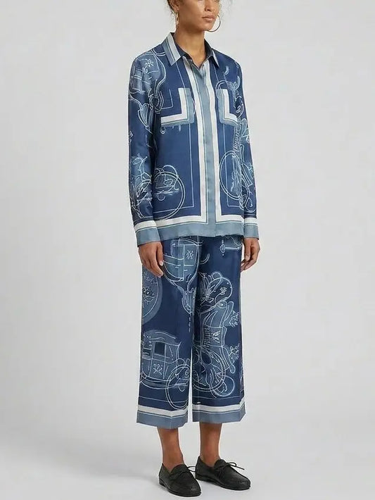 Printed Blue Silk Twill Shirt and Pant Set - Suits & Sets