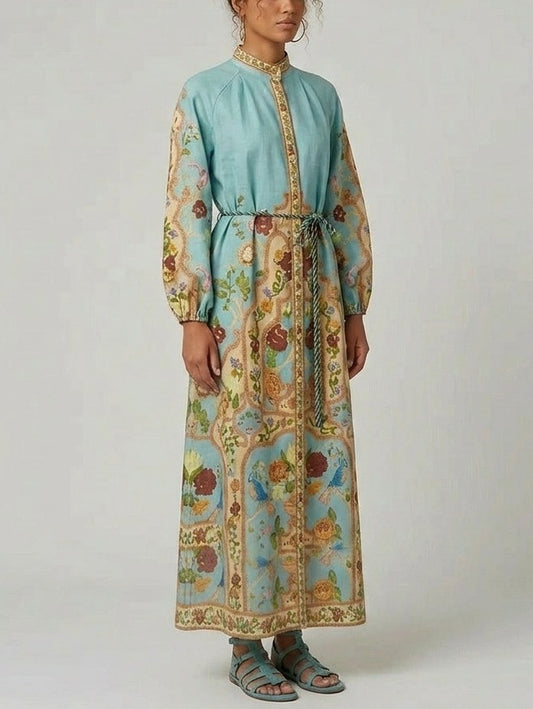 Printed Linen Long Shirt Dress with Rope Belt