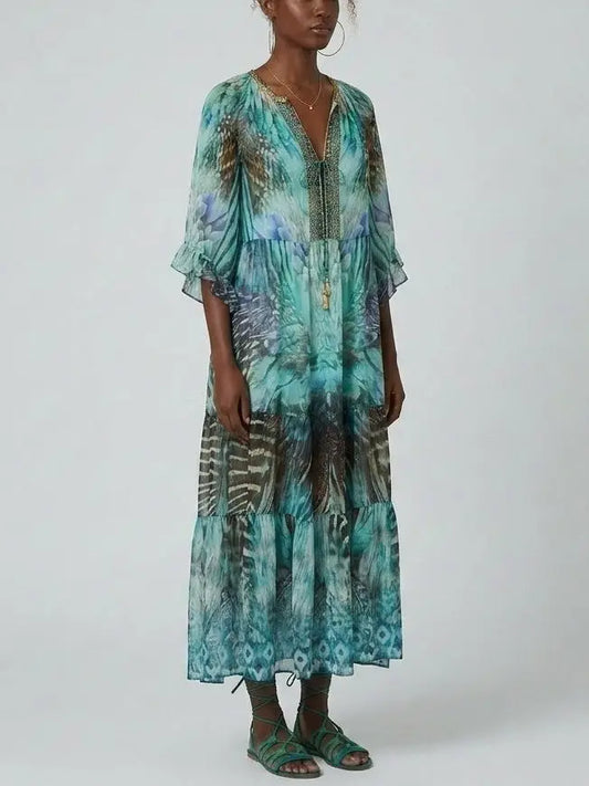 Printed Silk Embellished Kaftan Dress - Dresses