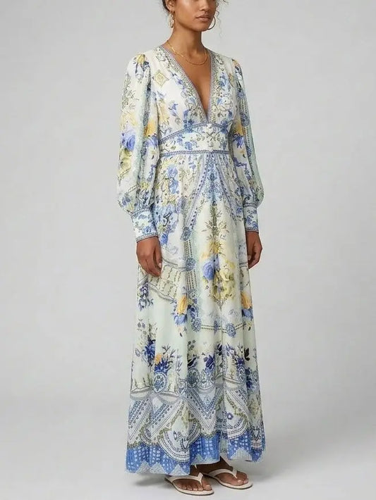 Printed Silk V-Neck Maxi Dress with Blouson Sleeves - Dresses